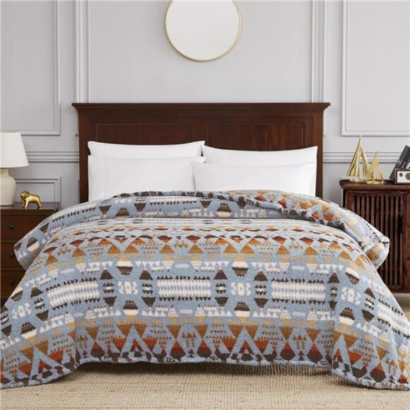 Boho Sherpa Throw Blanket Aztec Blue Grey Ultra Soft Warm Cozy Plush Fleece NEW - Picture 1 of 5